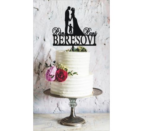 Dekorácia na tortu vzor nevesta a ženích s dieťatkom a priezviskom 7
