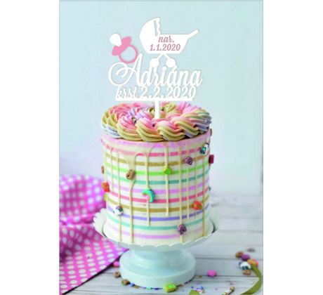 Dekorácia na tortu na krstiny s menom, dátumom a kočiarom