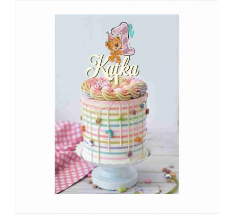 Dekorácia drevená na tortu s menom + číslom a medvedíkom 1
