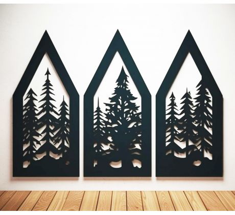 Drevený obraz silueta lesa trojdielna sada