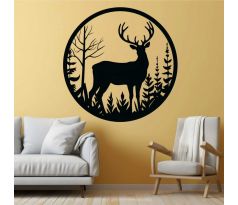 Jeleň vyrezávaný drevený obraz v kurhu kruh 40 cm čierna