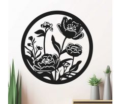 kvety okrúhly drevený obraz kruh 50 cm čierna