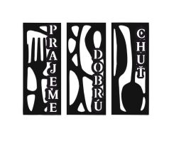 abstrakty drevený trojdielny obraz do kuchyne - príbory bez nápisov 50x62 cm čierna