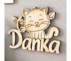 Drevené meno do detskej izby s mačkou meno širka 55cm, mačka 32x26 cm