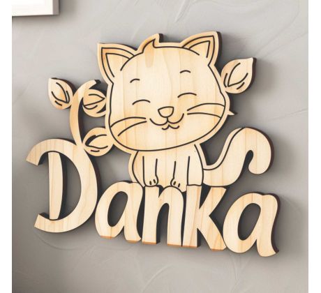 Drevené meno do detskej izby s mačkou