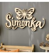 Drevené meno s motýľom - dekorácia do detskej izby šírka mena 45cm, motýľ 25x15 cm