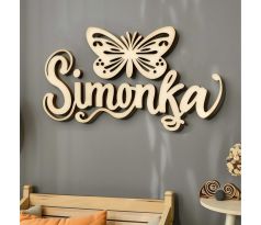 Drevené meno s motýľom - dekorácia do detskej izby šírka mena 45cm, motýľ 25x15 cm