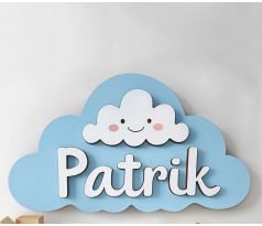 Drevené meno na obláčiku - dekorácia do detskej izby 23x40 cm modrá svetlá