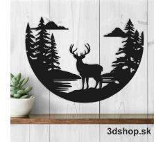 Jeleň drevená 3D nálepka - lesná vyrezávaná dekorácia 50x37 cm čierna