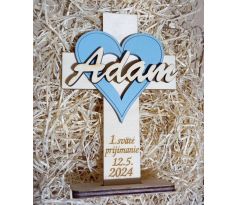 Darček krížik k prvému svätému prijímaniu - modré srdce s menom