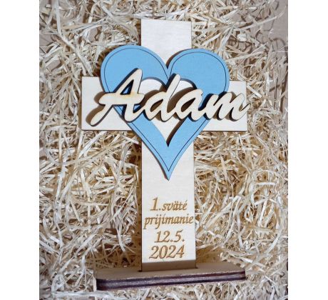 Darček krížik k prvému svätému prijímaniu - modré srdce s menom