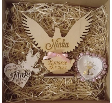 Darček na birmovku sada holubica, ruženec, magnetka